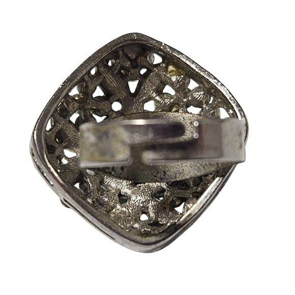 Vintage Rhinestone Square Cocktail Ring Adjustable Green Blue Stones Silver Tone - Picture 3 of 5